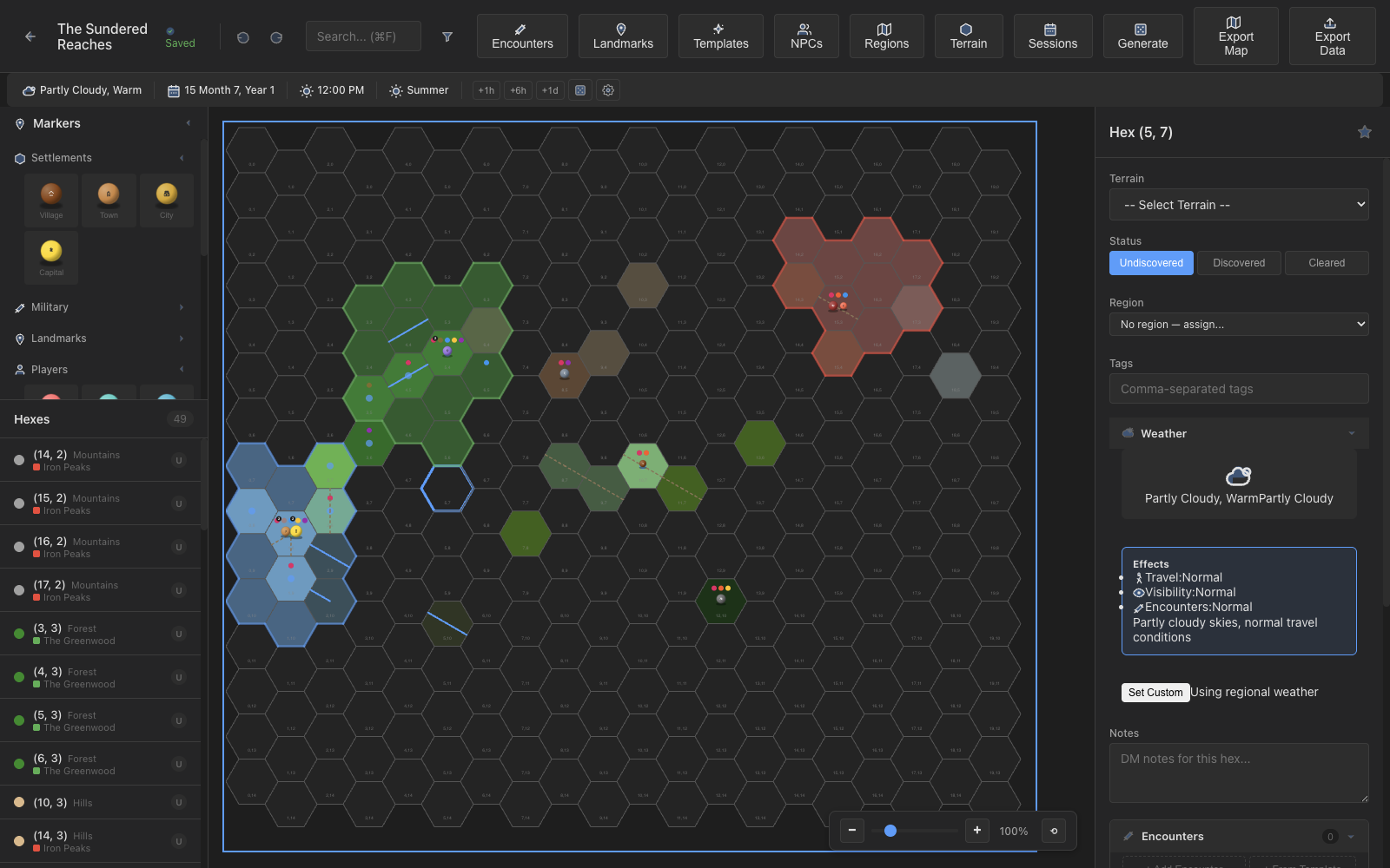 Encounter editor showing creatures, rewards, and outcome tracking