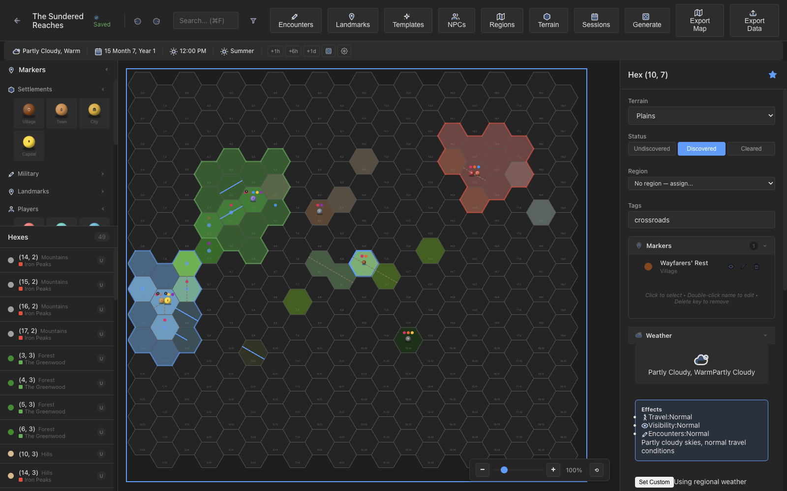 Hexal hex grid editor showing a campaign with terrain, markers, and the detail panel