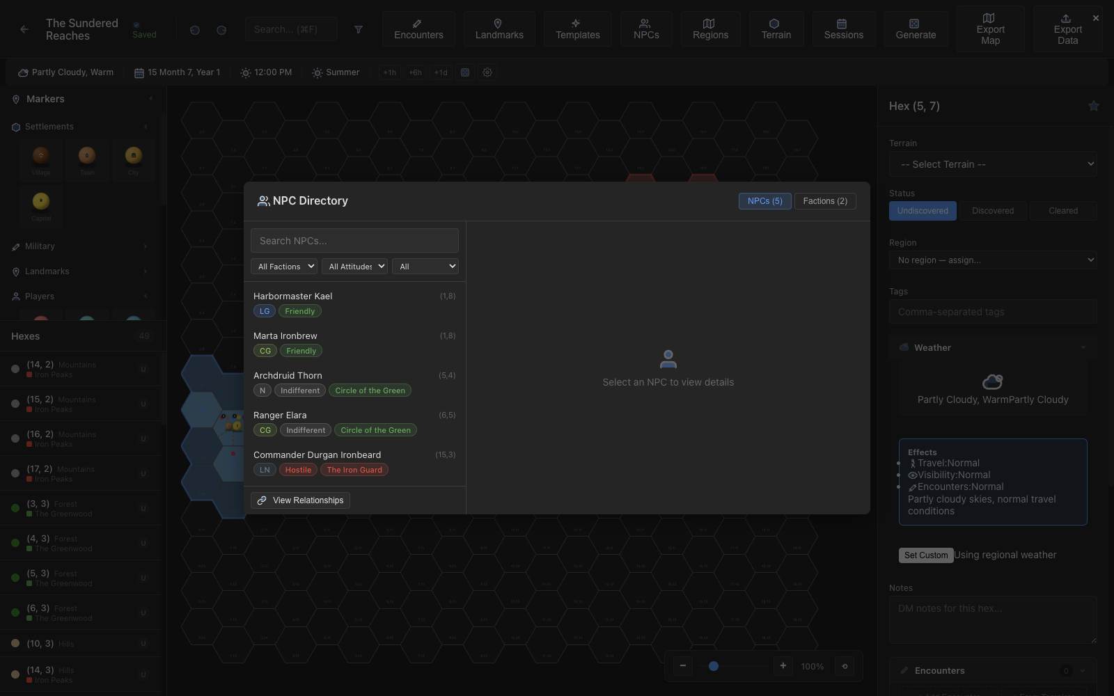 NPC Directory showing character details and relationships