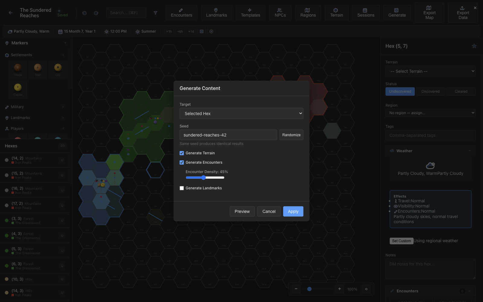 Generator modal with terrain and encounter density controls