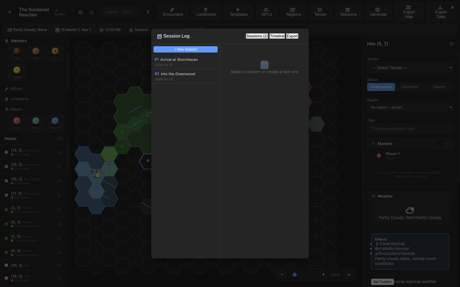 Session log modal with timeline entries